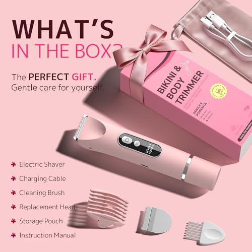 Bikini Trimmer for Women,Smooth Electric Razor for Sensitive Skin, IPX7 Waterproof Wet & Dry Cordless Body Shaver & Grooming Set for Bikini Area, Pubic Hair, Face, Underarms & Legs (Pink)