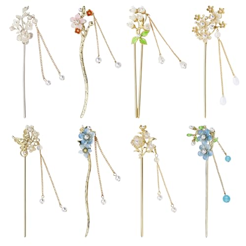 SyhirNmly 8 Gold Japanese & Chinese Hair Sticks with Butterfly Flower Design & Pearl Tassels