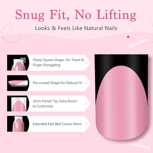 QIEK 150Pcs Deep Pink & Black French Tip Press-On Nails - Short Square
