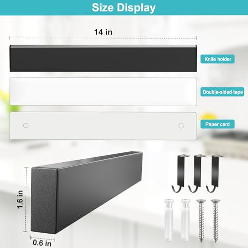 14" Magnetic Knife Holder with 3 Hooks - Heavy Duty Stainless Steel Wall Organizer