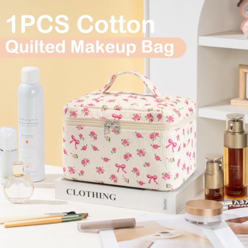 Large Quilted Makeup Bag for Women Travel Cosmetic Organizer Beige Rose