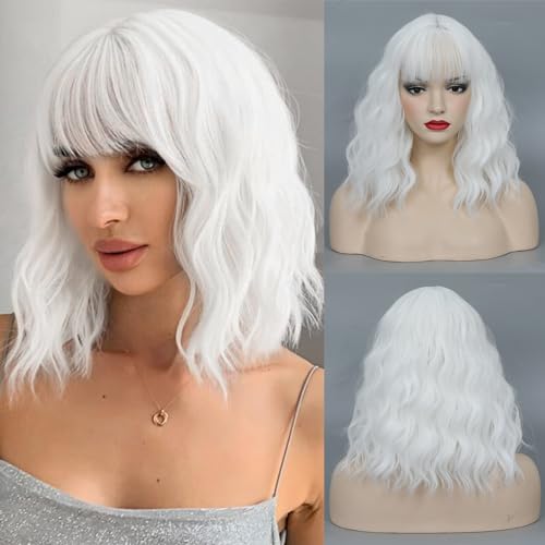 CLIONE White Short Wavy Bob Wig with Bangs for Women & Cosplay - 14 Inch Synthetic Wig
