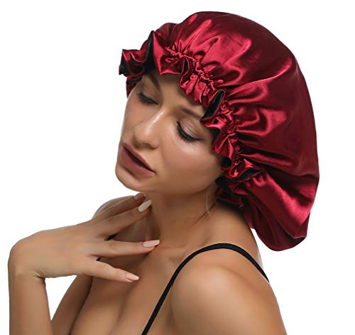 Large Satin Bonnet for Women - Adjustable Silky Sleep Cap (XL Black-Red)