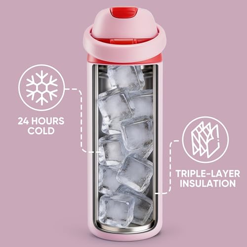 Fijinhom 18 oz Insulated Stainless Steel Water Bottle with 2-in-1 Lid - Keeps Drinks Cold for 24 Hours, BPA-Free, Pink