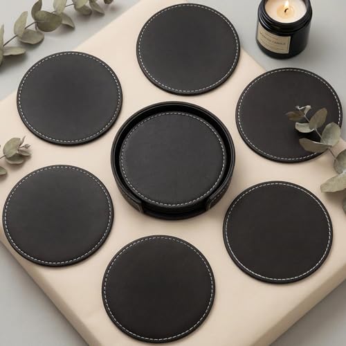 Set of 6 Modern Black PU Leather Coasters - Non-Slip & Waterproof