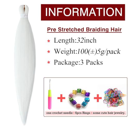 ShowCoco Pre-Stretched Braiding Hair 32 Inch - 3 Packs, White - Soft Yaki Texture