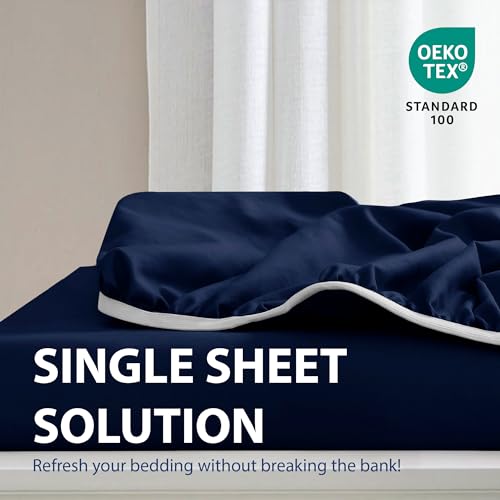 Cathay Home Twin Fitted Sheet - 14" Deep Pocket, Navy Microfiber