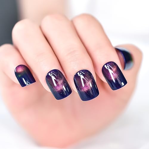 Dark Blue Shimmer Press On Nails with Pink Cat Eye Glitter Short Squoval Fake Manicure