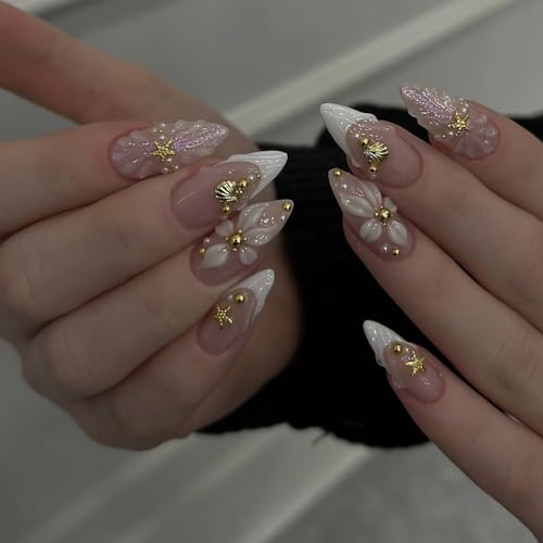 Rhspayh Press On Nails Medium Almond French Flower Starfish Design 24Pcs - Nails14