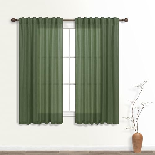 KOUFALL Olive Green Semi Sheer Linen Curtains - 45 Inch Length, Set of 2 Panels