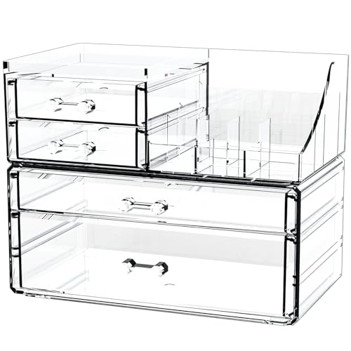 Cq Acrylic 4-Drawer Makeup Organizer Set of 2, Clear Cosmetic Storage for Vanity & Bathroom