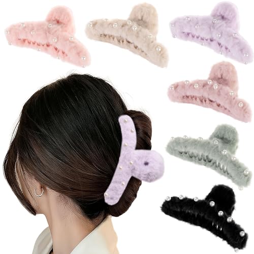 6PCS Large Fuzzy Claw Hair Clips for Thick Hair - Cute Bow Design