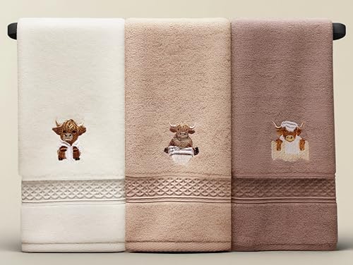 Highland Cow Hand Towels – Set of 3, 100% Cotton, Rustic Design
