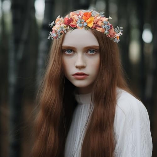 LLinfflr Adjustable Floral Halo Headband for Weddings and Parties - Orange, W Variant