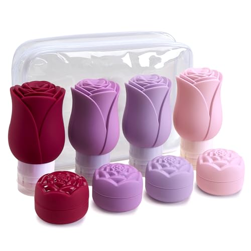 Mabnuby Silicone Travel Bottles & Jars Set – 3oz Leakproof TSA Approved Refillable Kit, 8 Pack in 4 Colors (PK+RS+PP+RD)