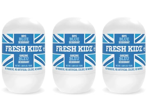 Fresh Kidz Blue Roll-On Deodorant for Boys & Teens 3-Pack, Aluminum-Free, 24-Hour Odor Protection, Sensitive Skin Safe, Citrus Scent, 1.86 fl oz