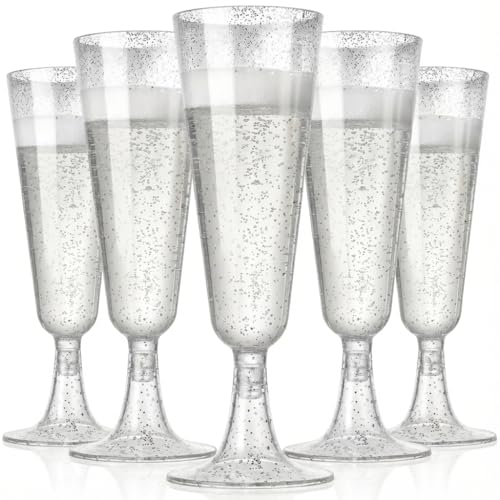 25 Pack Silver Glitter Disposable Champagne Flutes - 5.5oz