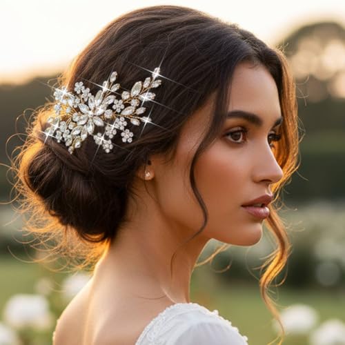 Unsutuo Gold Bridal Hair Comb with Crystal Rhinestones & Pearls - Wedding Hair Accessories for Women & Girls