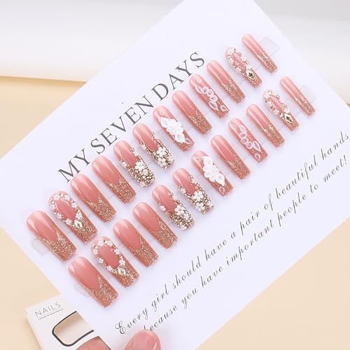 RTKHFZE Style16 Long Square Gold Glitter French Tip Fake Nails with Flowers & Rhinestones - Press On Nails for Women