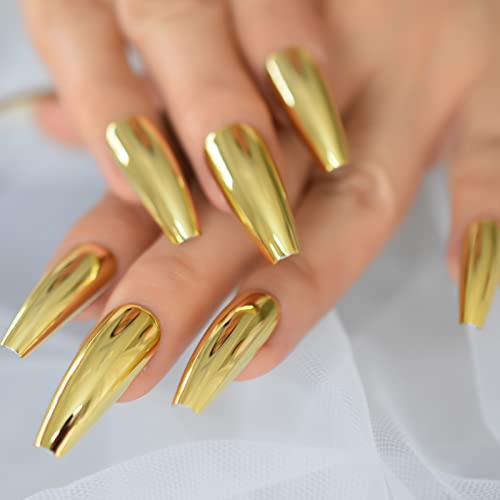 Mirror Gold Metallic Press On Nails Coffin Shape - IKISKT