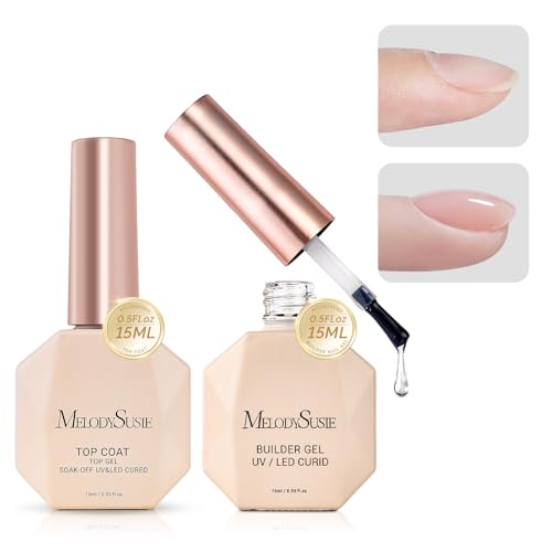 MelodySusie 2-Pack Clear Builder Gel & Top Coat Set 15ML for Nails, UV/LED Curing, Long-Lasting Shine