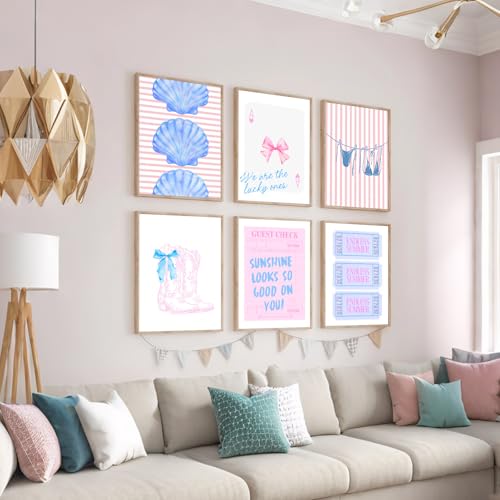 Coastal Cowgirl Wall Art Set - 6 Unframed Blue & Pink Prints