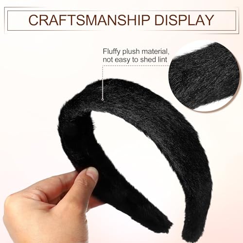 VOCOSTE Fluffy Black Plush Headband - Soft Elastic Hair Accessory