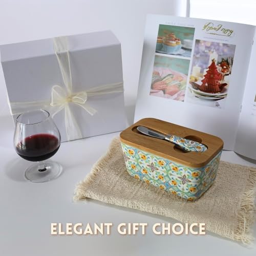 Boho Ceramic Butter Dish with Lid & Knife - 16oz Capacity