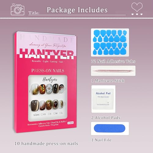 Hantyer XS Coffee Brown Cat Eye Ombre Press-On Nails with Handmade 3D Flowers & Gold Glitter - Short Square, Reusable Fake Nails for Women