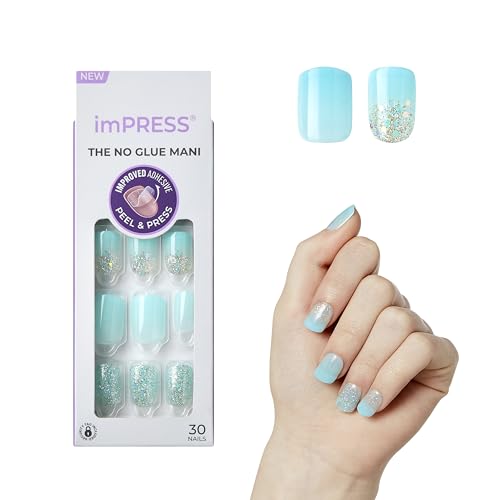 imPRESS Medium Blue Short No Glue Press On Nails - Eternity Design, Squoval Shape, 30 Nails & Tools