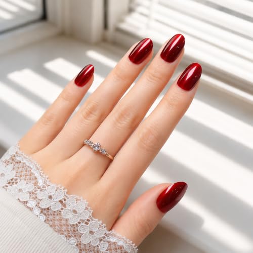 MKM Short Oval Reusable Press On Nails - Glossy Ruby Red Full Cover Fake Nails Kit for Women