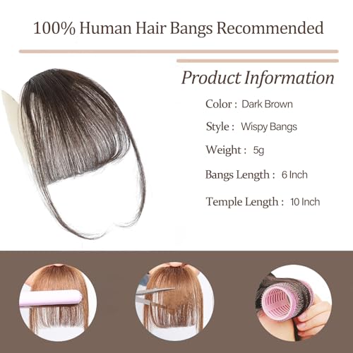 YBYMCAI Clip-In Wispy Bangs - Real Human Hair Fringe, Dark Brown