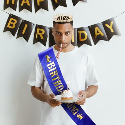 Gold King Crown & Sash Set for Birthday Party - Premium Tiara for Men, Adjustable, Amariver
