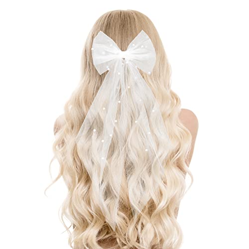 Yolev White Bridal Pearl Hair Bow Veil with Barrette for Wedding & Bridesmaid