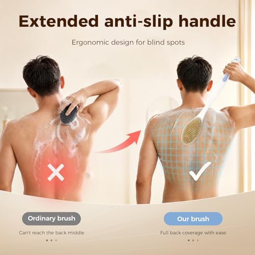Back Scrubber for Shower with Long Handle, Exfoliating Bath Brush for Body - Double Sided Bristles (Stiff & Soft), Anti-Slip Grip, Lightweight - Gift for Seniors, Includes Lanyard & Hook, Blue