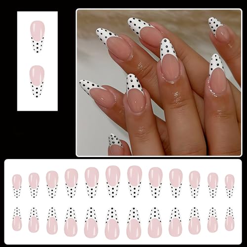 Black Polka Dot French Tip Press-On Nails - 24 Pcs Set