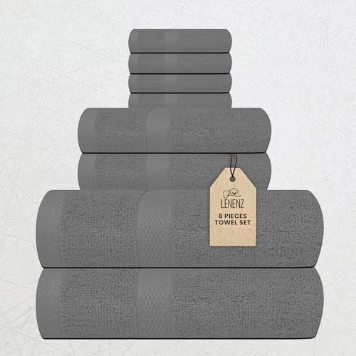 Lenenz 8-Piece Cotton Towel Set - Ultra Soft, Quick Dry, Light Grey