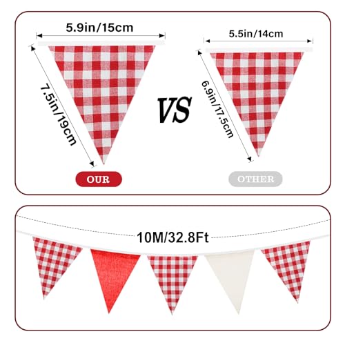 G2PLUS Red and White Gingham Bunting Banner - 32Ft Cotton Garland for Parties