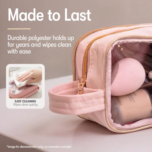 ZIPIT Pink Travel Makeup Bag with 3 Compartments & Clear Window - Large Toiletry Organizer