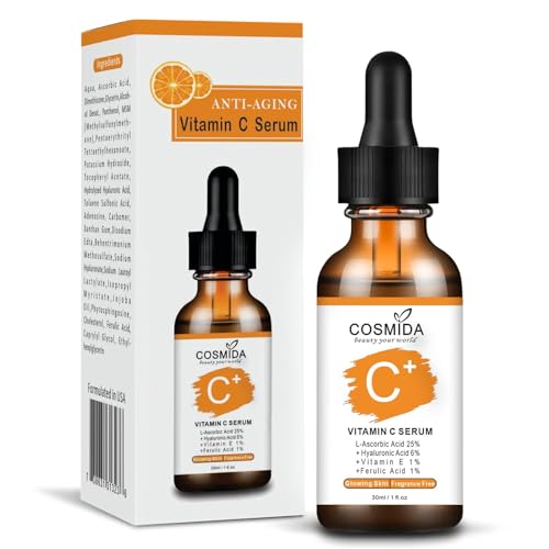 Cosmida Vitamin C Serum for Face with Hyaluronic Acid, Collagen, 1 Fl Oz - Brightening & Anti-Aging Skincare