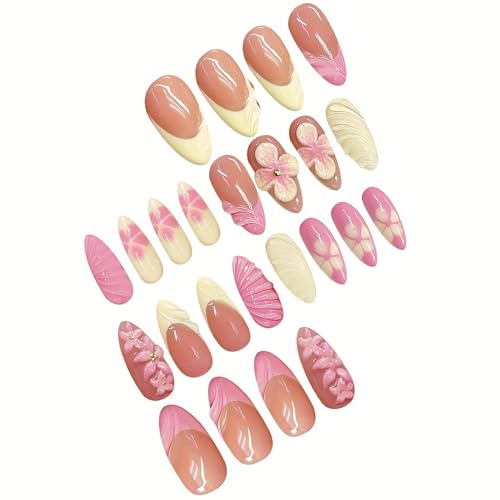 3D Handmade Medium Almond Press On Nails - Spring Floral Design