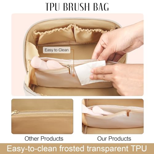 CLOUDWINGS Beige Initial Makeup Bag Set Travel Toiletry Organizer for Women