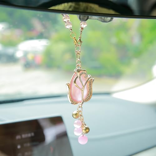 Pink Tulip Car Mirror Charm - 9-Inch Cat's Eye Stone Ornament