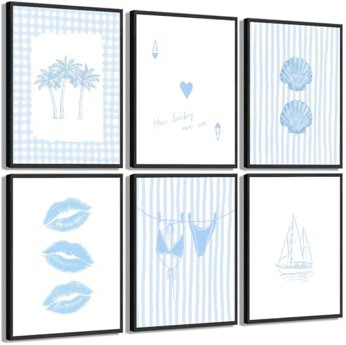 Blue Preppy Coastal Wall Art Set - 6 Unframed Posters for Girls Room