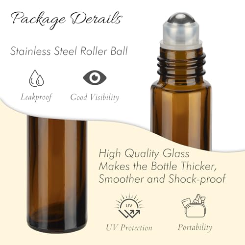 10ml Amber Essential Oil Roller Bottles - 4 Pack with Labels & Tools