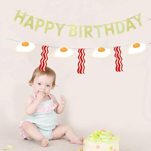 KUNGOON Bacon & Eggs Happy Birthday Banner Set for Brunch Parties