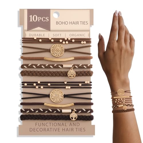 SYGY 10 PCS Boho Hair Ties & Bracelets - Dark Coffee Colors