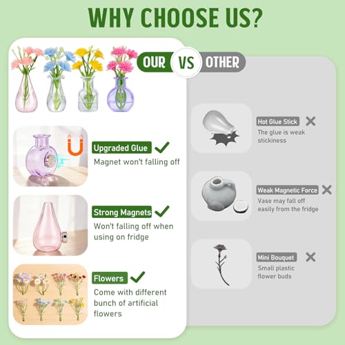 Mini Glass Vase Magnets with Artificial Flowers - Set of 8