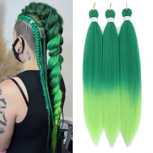 Msloosily 20 Inch Pre-Stretched Ombre Green Braiding Hair 3 Packs, Soft Yaki Texture, Itch-Free, Hot Water Extensions