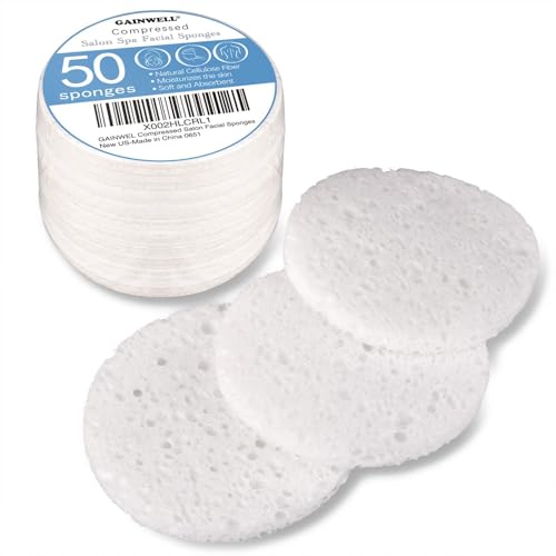 GAINWELL 50 White Compressed Facial Sponges - Natural Cellulose Makeup & Cleansing Pads